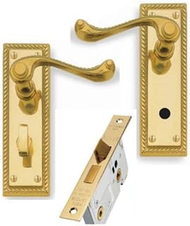 Golden Grace Georgian Polished Brass Finish Lever Toilet Bathroom Lock Door Handles + 64mm Mortise Bathroom Lock