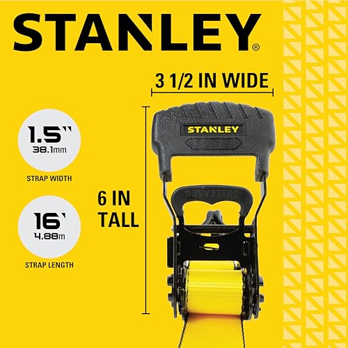 STANLEY S10074 Black/Yellow 1.5" x 16' Ratchet Tie Down Straps - Heavy Cargo Securing (3,300 lbs Break Strength), 4 Pack by STANLEY - Image 6