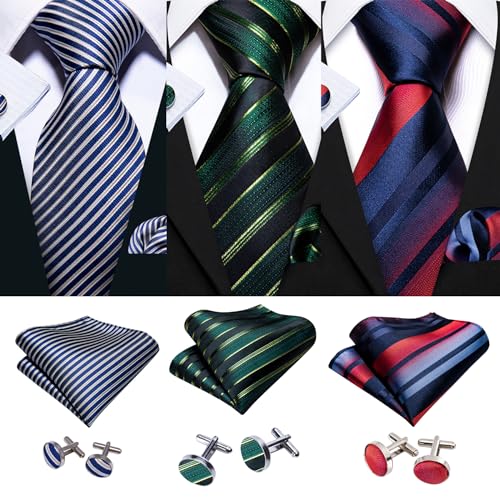 Image of Barry.Wang 6 PCS Men Ties Set Silk Business Fashion Woven Necktie Handkerchief Cufflinks Paisley Stripe Wedding Party