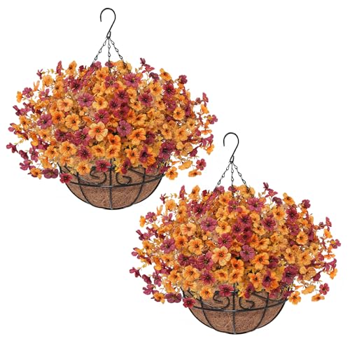 2 Set Artfiticial Fall Hanging Baskets Outdoor,Autumn Porch Decor,YellowRed