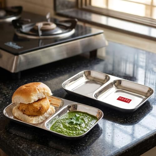 Image of HAZEL Stainless Steel Divided Plate 2 Compartment Set of 2 | Vada Pav Plate