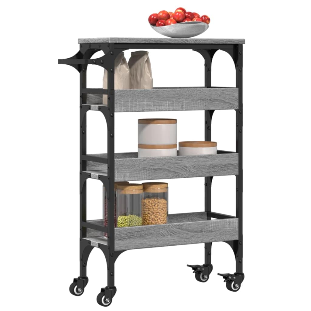 Carrello da cucina grigio Sonoma con telaio in acciaio, 53 x 20 x 76 cm, in legno, carrello da portata con 4 ruote e portasciugamani, carrello con vano portaoggetti, scaffale, ripiano per