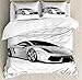 Lunarable Cars Duvet Cover Set, Sports Car with Futuristic Inspired Wheels Reflection Design Print, Decorative 3 Piece Bedding Set with 2 Pillow Shams, Queen Size, Grey Black