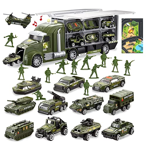 Carecoly トラック 軍事車両セット ミニカーセット 大型収納車 合金製ミニカー 車おもちゃ 軍事マップ付き 作業車両 乗せて運ぶ 男の子 女の子 贈り物 クリスマス 誕生日のプレゼント(6歳以上）のサムネイル