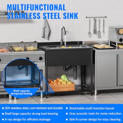 Image of Stainless Steel Utility Sink, 36.6 inch x 24.2 inch x 36.6 inchFreestanding Sink with Cold and Hot Water Faucet,Hoses and Drain Kit for Kitchens, Bathrooms, Garage, Laundry Room