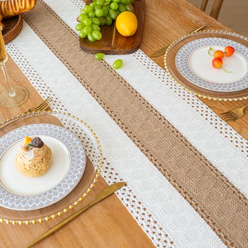 Image of FEXIA Boho Table Runner for Summer Home Coffee Decor with Tassels 72 Inches Long Farmhouse Rustic Table Runner Macrame Burlap Table Decoration for Kitchen Living Room Bridal Shower(12x72 Inches)