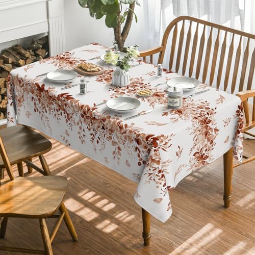 Image of Horaldaily Fall Tablecloth 60 x 140 Inch Rectangular Eucalyptus Floral | Caramel Seasonal Washable Table Cover for Party Picnic Dinner Decor