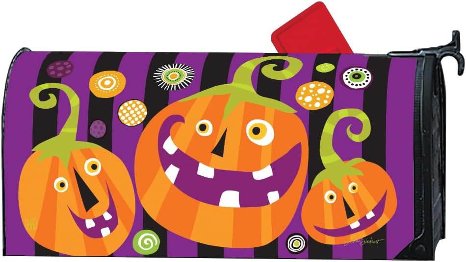 Studio M Decorative Fall Halloween MailWrap Fits Standard Size 6.5 x 19 Inch Mailbox Weather Resistant Vinyl Purple Orange Smiling Pumpkins