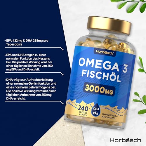 Omega 3 Kapseln Hochdosiert | 3000mg Fischöl Supplement mit EPA und DHA | 1000 mg Fish Oil pro Kapsel | 240 Stück | Horbaach – Bild 3