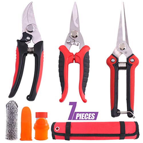 Swpeet 7Pcs Professional Pruner Shears Garden Cutter Clippers with Silicone Thumb Knife and Finger Cover, Stainless Steel Sharp Pruner Secateurs Garden Separator Finger Knife Harvesting Plant Knife