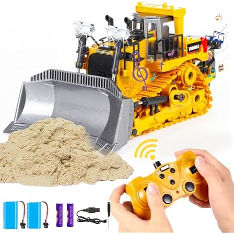 YFCACT RC Bulldozer Realistic 2.4G Remote Control Kids Construction Play Toys with Lights and Sound, Electric Track Type Tractor Loader for 3+Year Old boy Toys, Best Kids Birthday Gift Ages 3-15+ Cover
