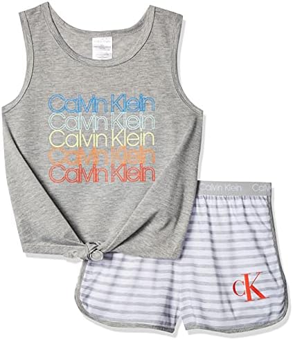 Calvin Klein Girls' Little 2 Piece Sleepwear T-Shirt and Shorts Pajama Set Pj, Grey, CK Heather Stripe, 10-12