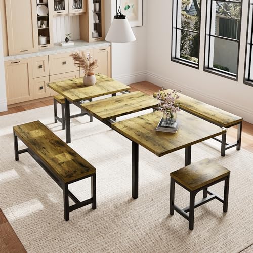 Einhomn 5 Piece Dining Table Set for 4-6, 63' Extendable Kitchen Table Set with 2 Benches & 2 Stools, Farmhouse Dining Room Table for Small Space, Metal & Wood Support, Rustic Brown