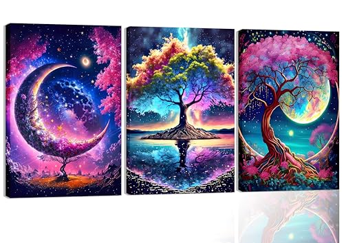 3PCS Tree of Life Wall Art Romantic Starry Night Landscape