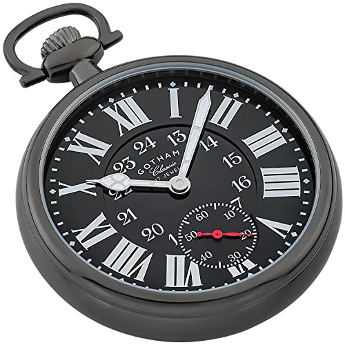 Image of Gotham Classic Series Gunmetal Plated Stainless Steel Open Face 17 Jewel Mechanical Hand Wind Pocket Watch # GWC14112BBK
