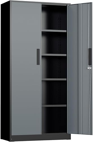 Miniatura 18 de INTERGREAT Puertas de gabinete de almacenamiento de metal negro, gabinete de almacenamiento de acero con bloqueo de 72 pulgadas con estantes, Negro