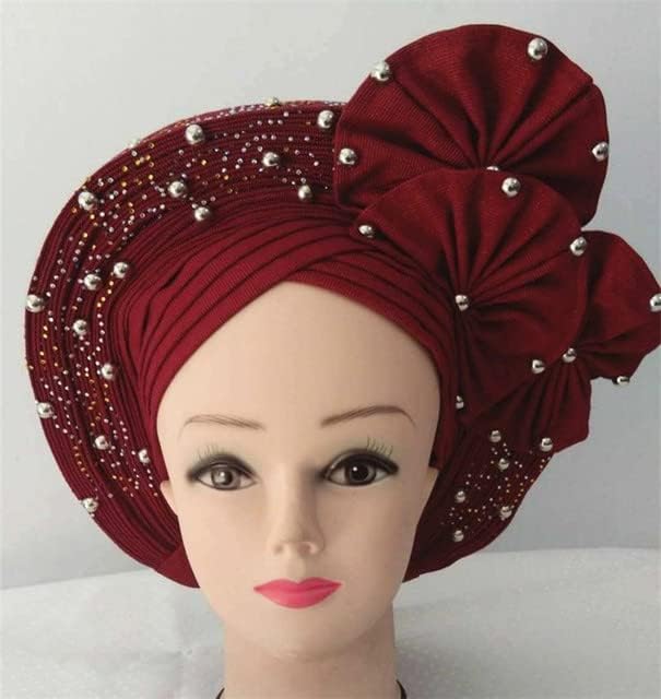 Women Head wrap Beaded lace African headtie Nigerian gele headties with Stones Sewing Fabric for Party 1set by MSB Fabric Color 32