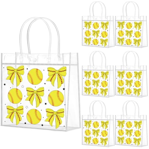 Wesnoy 20 Pcs Bow Softball Treat Bags with Handles Reusable Yellow Softball Goodie Bags for Candy Birthday Party Supplies 8 x 8 x 3.15