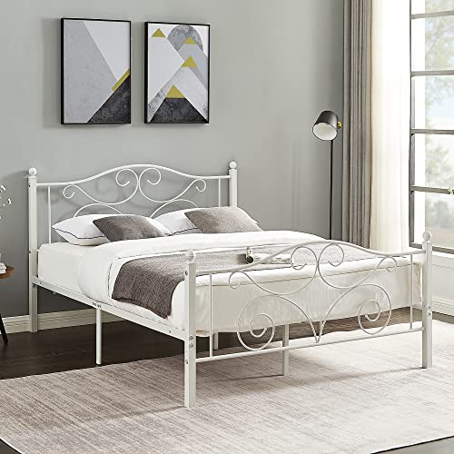 Vecelo Full Size Metal Bed Frame With Headboard And Footboard, Heavy Duty Steel Slat Support, Platform Mattress Foundation, No Box Spring Needed, Easy Assembly, White #TOP2