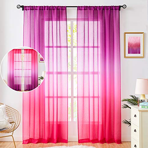 Pink and Purple Ombre Sheer Curtains Faux Linen 2 Tone Reversible Rod Pocket for Girls Bedroom, Privacy and Light Filtering Semi Gradient Window Curtain Pair, Set of 2 Panels, 54 x 84 inch