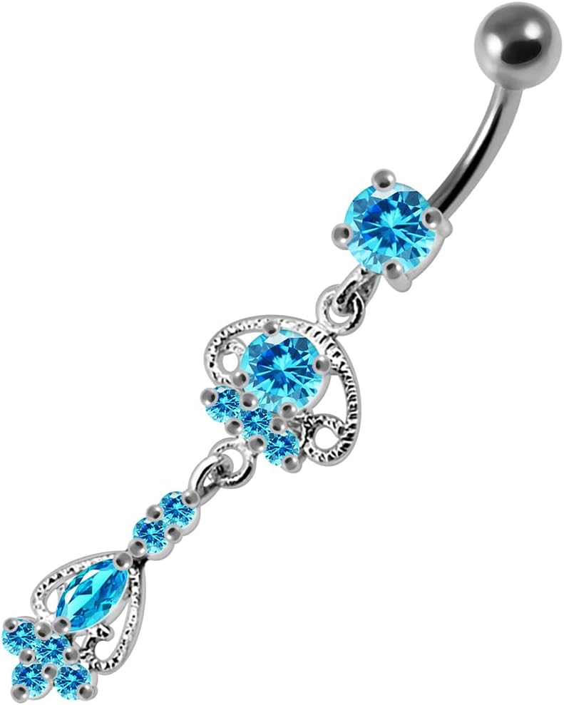 Filigree Flower Dangling Design 925 Sterling Silver with Stainless Steel Belly Ring - Belly Button jewelry - Navel jewelry