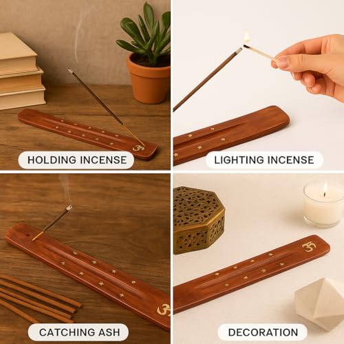 Image of Pure Source India Wooden 10 inch Incense Stick Holder with Brass Moon & Star Inlay Design (Set of 2)- Handmade Agarbatti Stand for Home, Puja, and Meditation