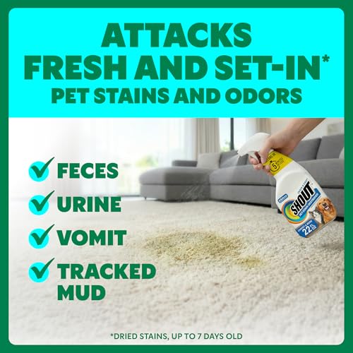Image of Shout Pet Stain Remover Spray, Color-Safe Multisurface & Carpet Cleaner Solution for Dog & Cat Urine, Feces, Vomit & Mud, Fights Odors & Remarking, Fast-Acting Cleans in 5 Minutes or Less, 22oz