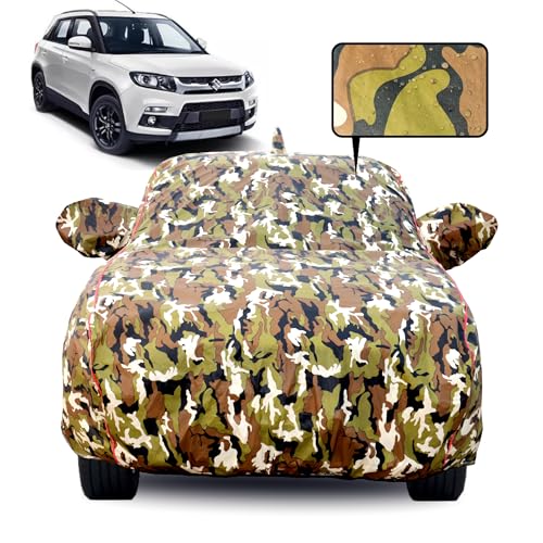 Image of Waterproof Car Body Cover for Maruti Suzuki Vitara Brezza with Mirror Pocket, Soft Cotton Lining, Triple Stitched, Full Bottom Elastic (Heat Resistant Jungle Print with Red Piping)