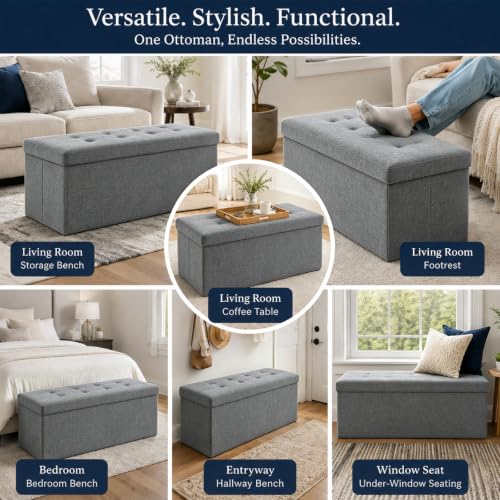 Image of ALASDO 43 Inch Folding Storage Ottoman Bench with Hidden Storage, PU Leather Ottoman Foot Rest Stool, End of Bed Bench for Bedroom, Living Room, Entryway and Closet, Grey