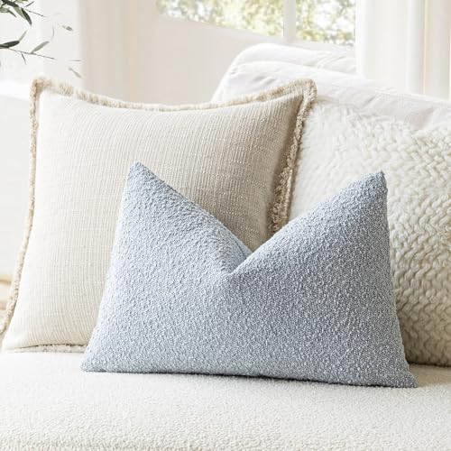 Image of Foindtower Pack of 2 Modern Textured Boucle Lumber Throw Pillow Covers Accent Solid Decorative Pillow Cases Cozy Couch Cushion Case for Sofa Bed Living Room Home Decor, 12 x 20 Inch, Light Blue