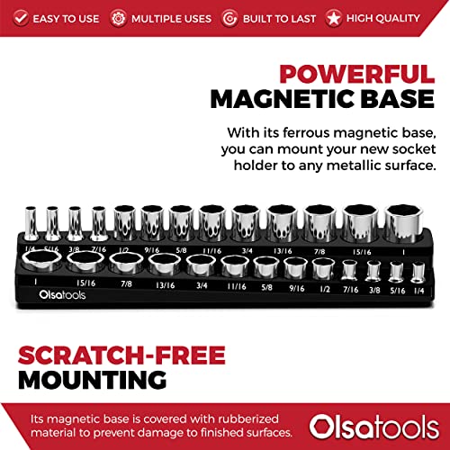 Image of Olsa Tools Magnetic Socket Organizer - 3 /8-Inch Drive SAE Socket Holder with Strong Magnets - Professional Tool Holder and Organizer - Stores up to 26 Sockets - Black - Part: 1543