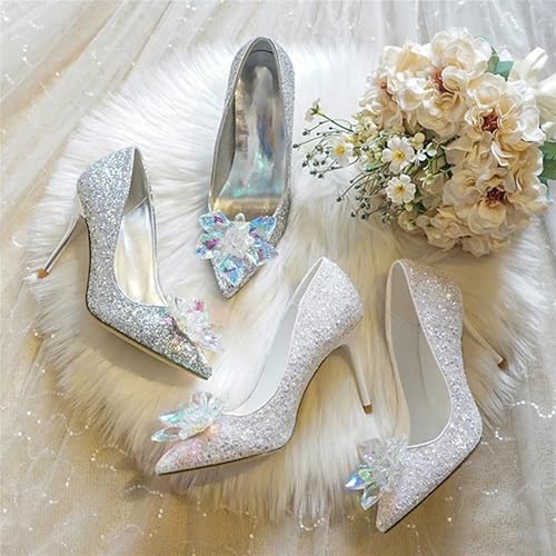 Women's Glitter Crystal White Dress Shoes Pointed Closed Toe Slip On Silver Heels 2.76 in Office Business Casual Pumps2