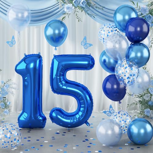 Image of 15th Birthday Balloon for Boys, Foil 40 Inch Self Inflating Number 15 Metallic Dark Blue, Navy Blue Mylar Large Balloon with Silver Confetti Latex for Men Birthday Party Decorations