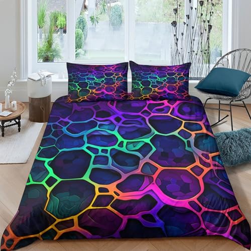 Nido d'ape geometrico Copripiumino 3D Stampa Digitale Colore Neon 3 Pezzi Set Copripiumino Microfibra Morbido E Federe con Cerniera Set Di Biancheria Da Letto per Bambini Double（200x200cm）