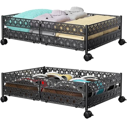 Under Bed Storage Containers with Wheels - Shoe Storage Organizer Drawer, Tool-free Assembly Metal Underbed Storage Containers for Bedroom Clothes, Shoes, Blankets - 2 Pack