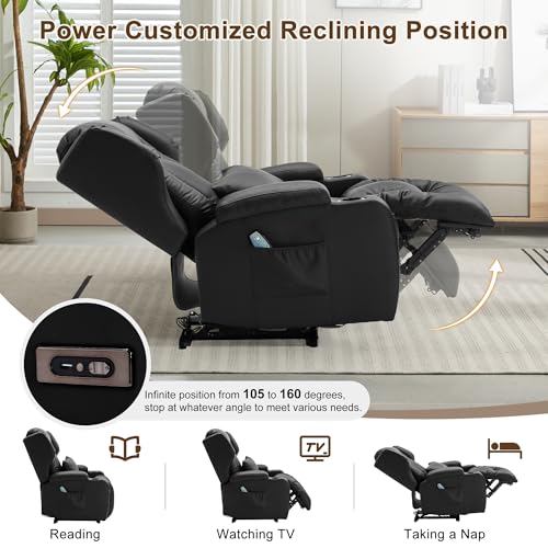Image of DRMBOOK Power Recliner Chair, Electric Wall Hugger Reclining Sofa with Massage & Heat, Overstuffed Movie Theater Seating with LED /USB Ports /Cup Holders for Living Room (Leather Black, 2 Chairs)