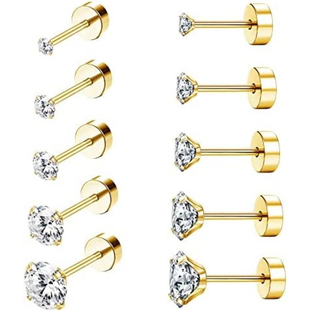 YOXUA5 Pairs Cubic Zirconia Hypoallergenic Stud Earrings for Women Men Girls Cartilage Fashion Surgical Steel Helix Earrings.（3/4/5/6/8mm)