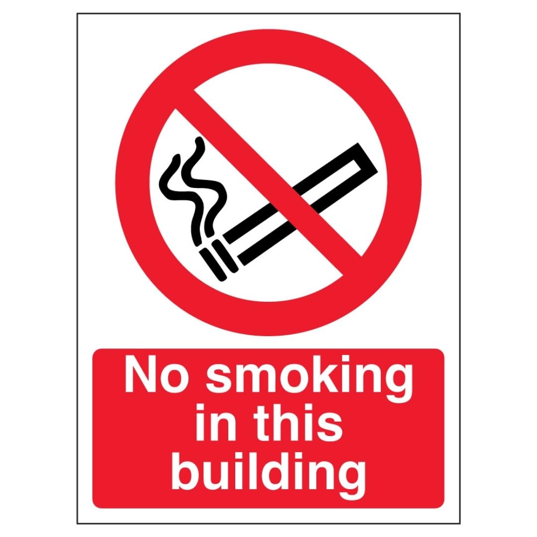 V Safety No Smoking In this Building - Portrait 200 x 300 mm - 2mm Super-Tough Rigid Plastic Safety Sign