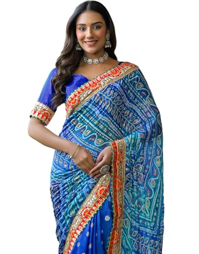 Image of SIRIL Women's Bandhani Printed, Foil Print, Sequins Embroidery And Pearl Lace Chiffon Saree With Unstitched Blouse Piece