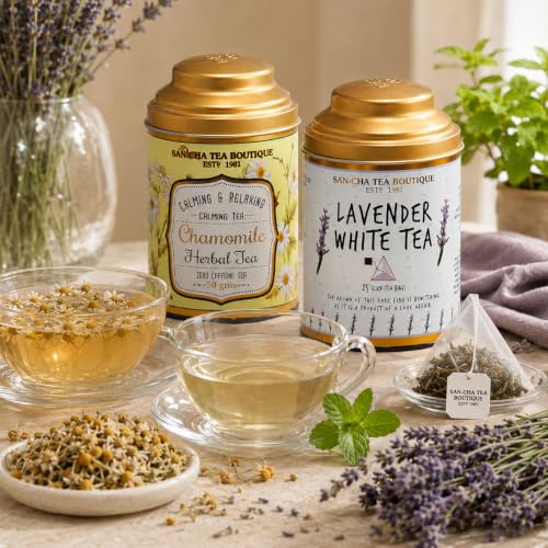 Image of Sancha Tea Boutique, Combo Pack: Chamomile Herbal Tisane (50g) & Lavender White (25 Pyramid Bags), Pure Silver Needle Leaves, Calming & Relaxing Floral Infusions
