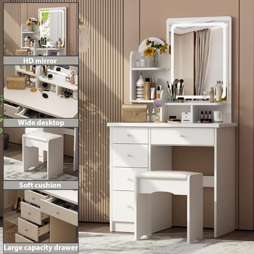 AGOTENI Vanity Table Set with Lighted Mirror, Makeup Table with 3 Shelves and 5 Drawers, Dressing Vanity Tables, Dresser Desk for Girls, Women, White - Thumbnail 2