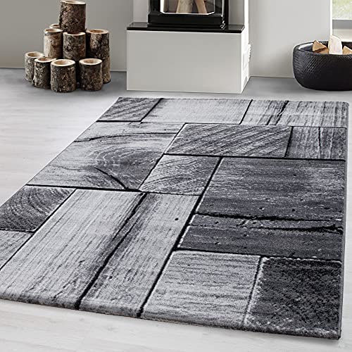Carpetsale24 Teppich Wohnzimmer Moderne 3D-Holzdesign Schwarz - Grau 140 x 200 cm - Kurzflor Teppich...