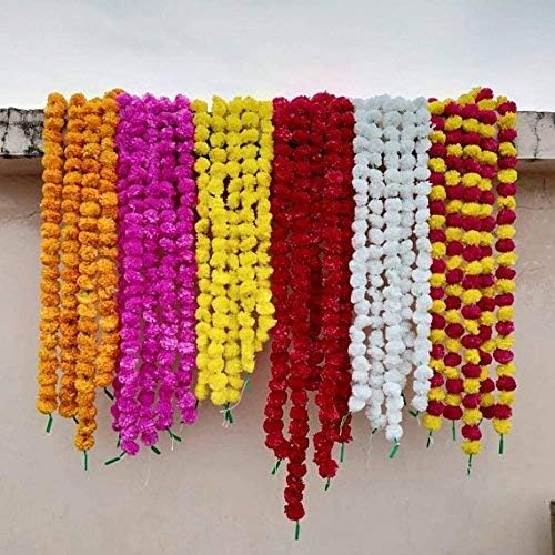 Buycrafty 5 pack Mixed Artificial Marigold flower garlands 5 ft long- for use in parties, celebrations, Indian weddings, Indian themed event, decorations, house christmas
