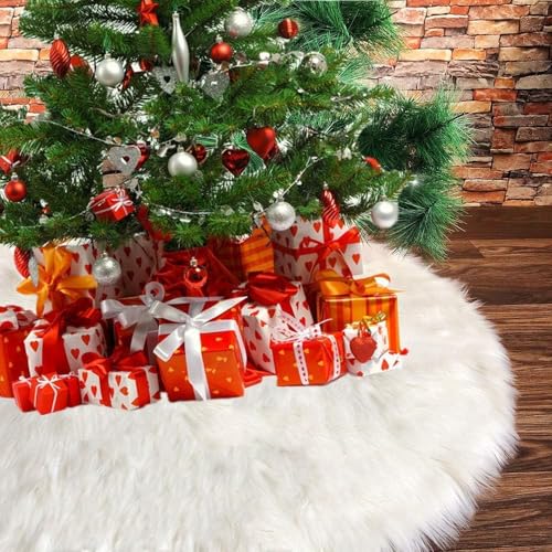 Gifmore Christmas Tree Skirt, White Soft Thick Plush Faux Fur Xmas Tree Decoration Mat Skirts for Xmas Party And New Year Party, 35inches/90cm