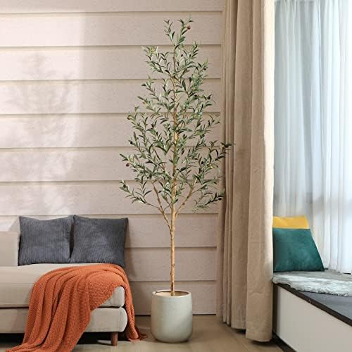 SOGUYI Artificial Olive Tree, 210cm Tall Faux Silk Plant with Natural Wood Trunk and Lifelike Fruits for Home Office Decor - Indoor Fake Potted Tree, 1 Pack