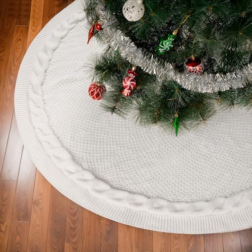 Christmas Tree Skirt,24 inches White Knitted Tree Skirt,Chunky Knitted Thick Tree Skirt,Table Top Tree Decor,Christmas Tree Ornaments for 1ft 2ft 3ft Tree
