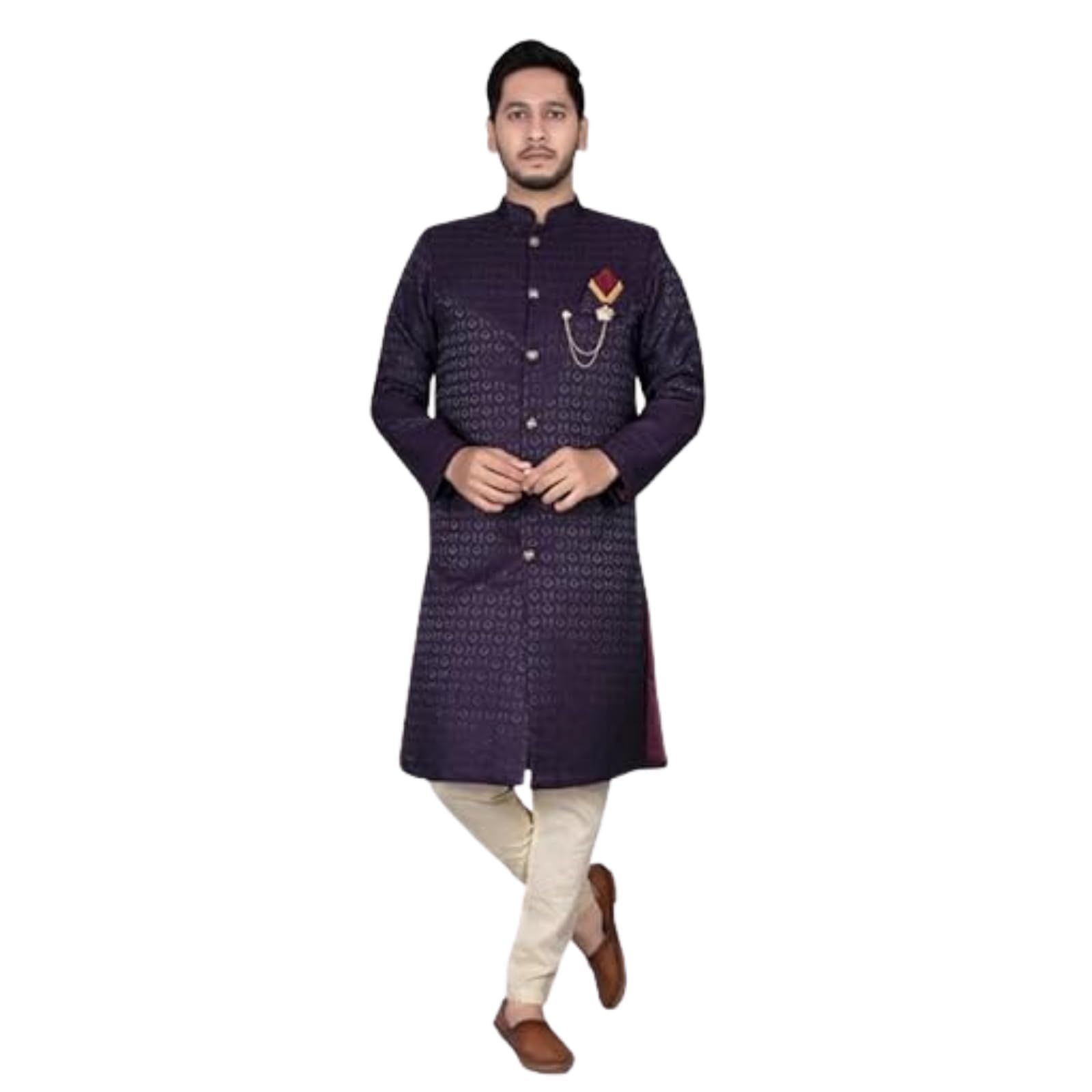 Jacquard Men’s Navy Blue Kurta with Green Jacquard Sherwani Jacket and Dhoti Full Sleeve | Shervani for Men