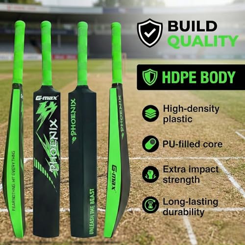 Image of G-Max Phoenix Cricket Bat Full Size HDPE Plastic Lightweight Design Black & Green Massive Sweet Spot Ideal for Tennis Ball & Soft Ball Practice