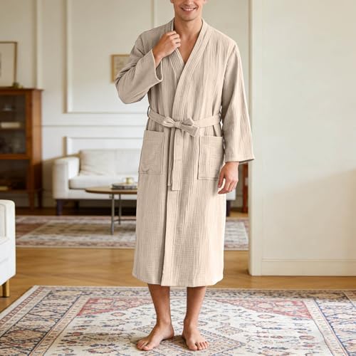 Bata para hombre de estilo kimono largo en algodón ligero monocolor para casa 3