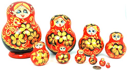 Unique Authentic Russian Hand Painted Handmade Red Floral Nesting Dolls Set of 10 Pcs Matryoshkas